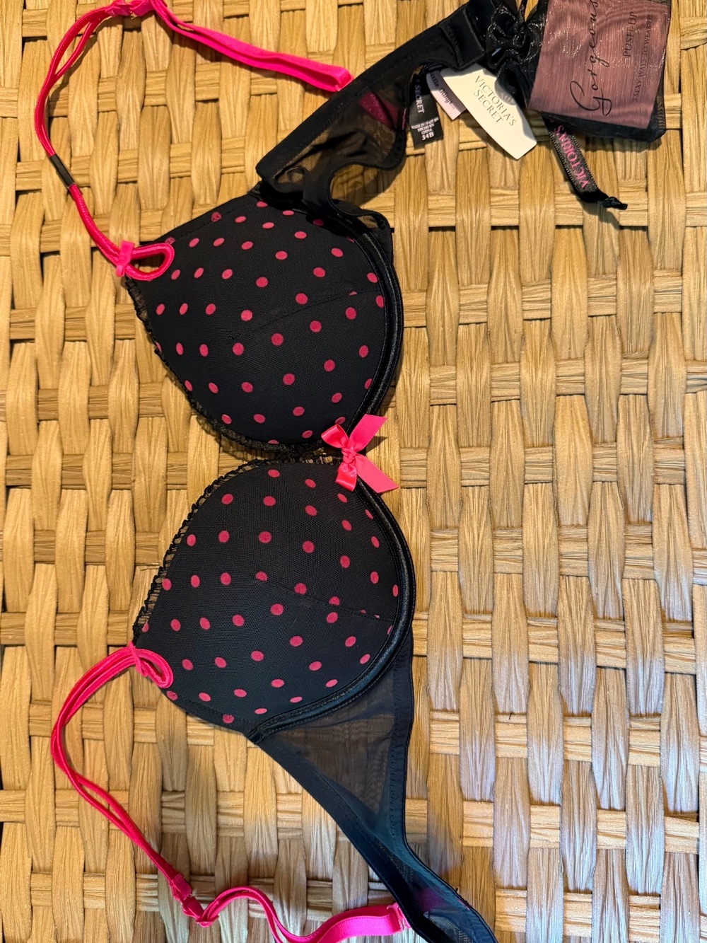 **RARE** PINK Victoria's Secret Black Bra with Hot Pink Polka Dots